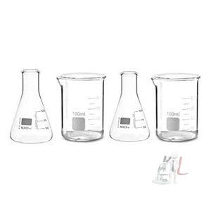 Scifa High Quality Borosilicate 3.3 Glass Beakers - 100 ml 2pcs and Conical - 100 ml 2pcs with Graduation Marks, Pack of 4 - Laboratorydeal