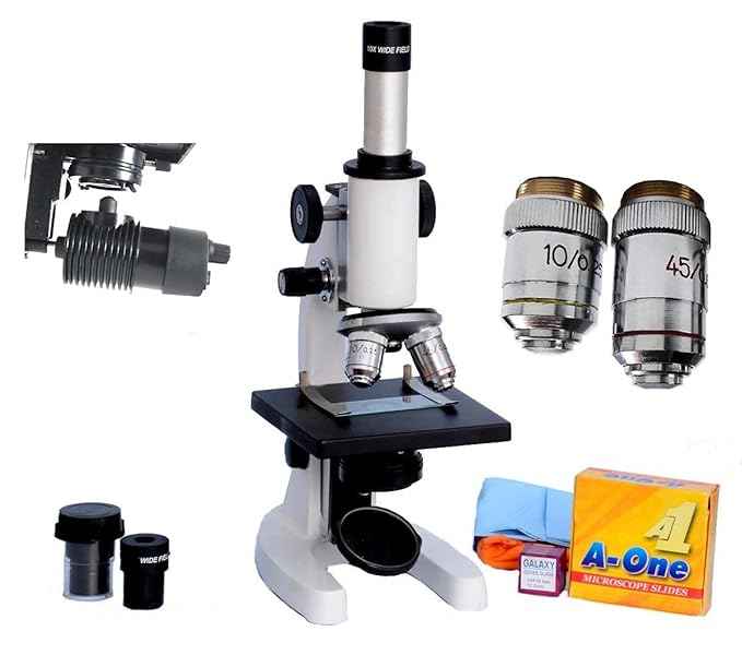 Biology Student Compound Medical Microscope for Students 100x to 675x with 100 Blank Glass Slides, Brass objectives, Metal Body