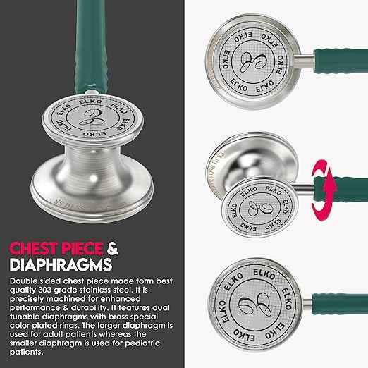 ELKO EL-190 CROSS III SS stainless steel dual head acoustic stethoscope | Adult & Pediatric Stethocope with Double-sided Stainless Steel Chestpiece | Two-Way PVC Tubing | Doctors & Medical Students (Green)