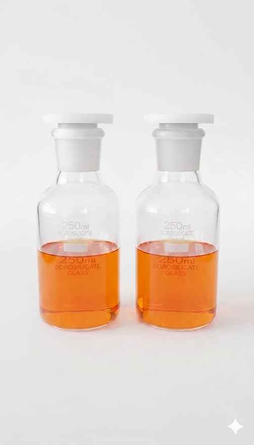 Borosilicate Glass Reagent Bottle with Acid Proof Polypropylene Stopper, 250 ml Capacity, 15.5 cm Length, 3 cm Neck Diameter, Pack of 2