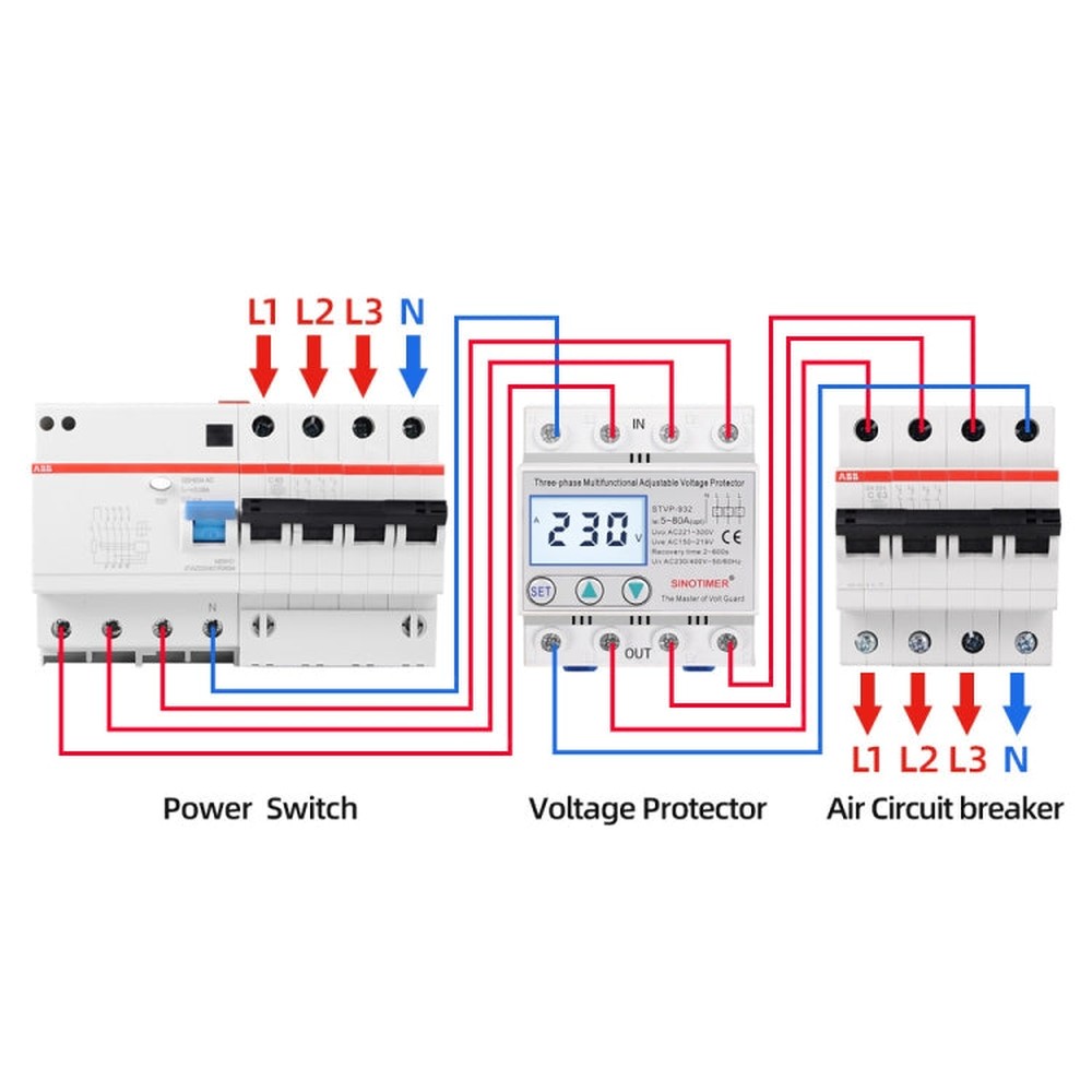 3-phase 380V LCD Self-resetting Adjustable Surge Voltage Protector, SINOTIMER STVP-932 40A, SINOTIMER STVP-932 50A, SINOTIMER STVP-932 63A, SINOTIMER STVP-932 80A