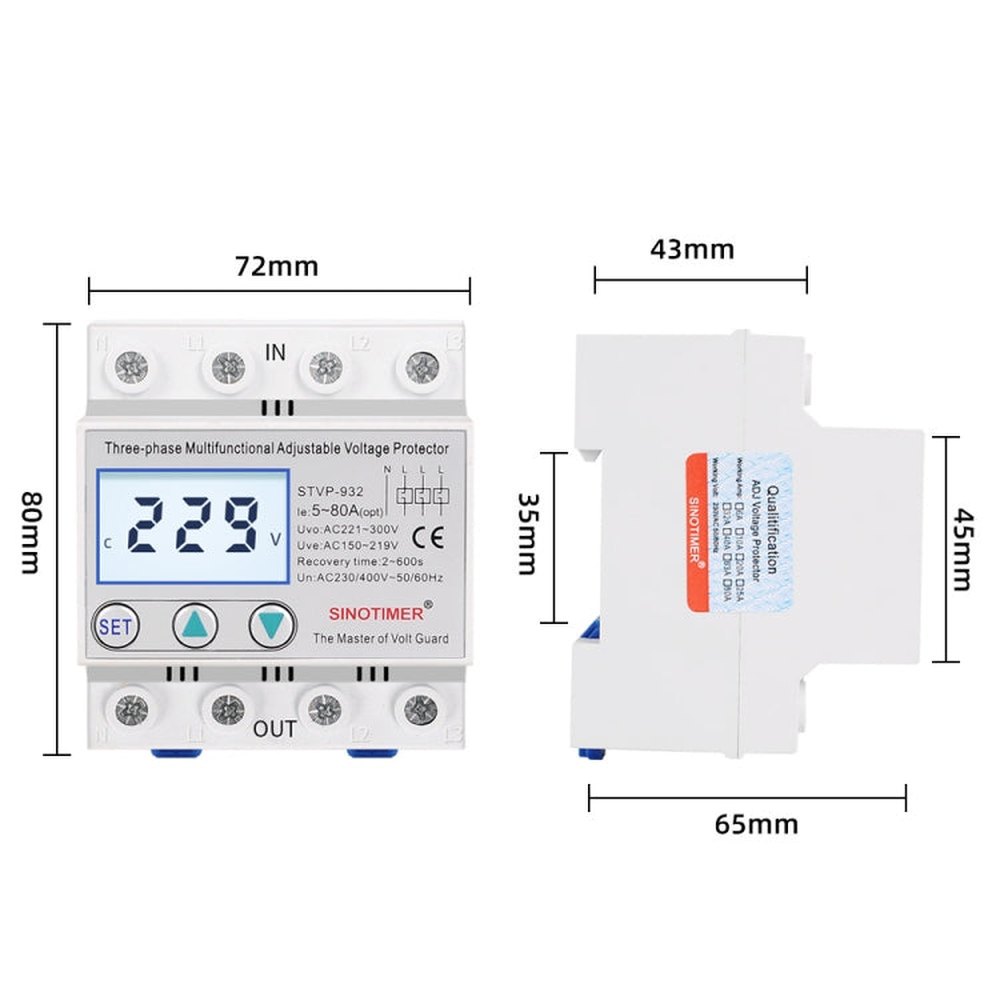 3-phase 380V LCD Self-resetting Adjustable Surge Voltage Protector, SINOTIMER STVP-932 40A, SINOTIMER STVP-932 50A, SINOTIMER STVP-932 63A, SINOTIMER STVP-932 80A