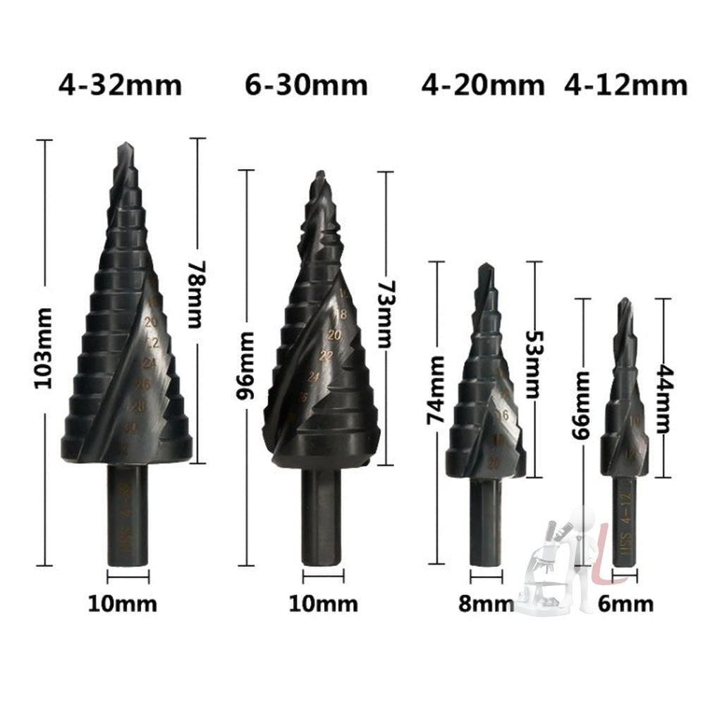 4 - 12mm Triangular Shank Spiral Flute Step Drill Bit, 4 - 12mm, 4 - 20mm, 4 - 32mm, 6 - 30mm - laboratorydeal