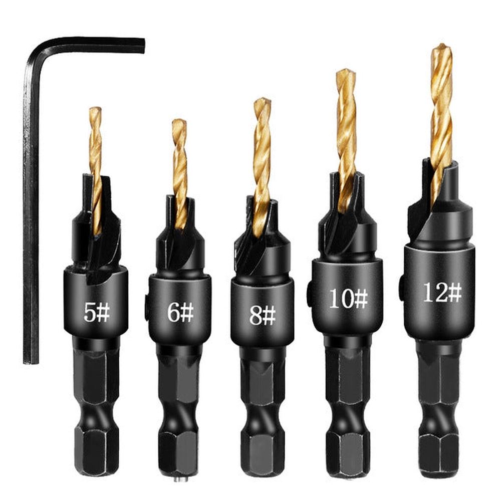 5 PCS/Set Countersink Woodworking Drill Bit Set Hexagon Screw Hardware Tool, Gold, Silver - laboratorydeal