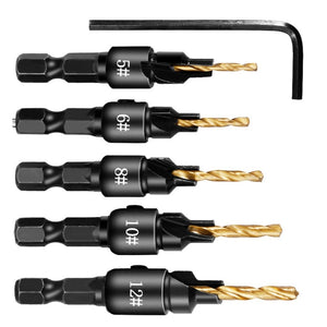 5 PCS/Set Countersink Woodworking Drill Bit Set Hexagon Screw Hardware Tool, Gold, Silver - laboratorydeal