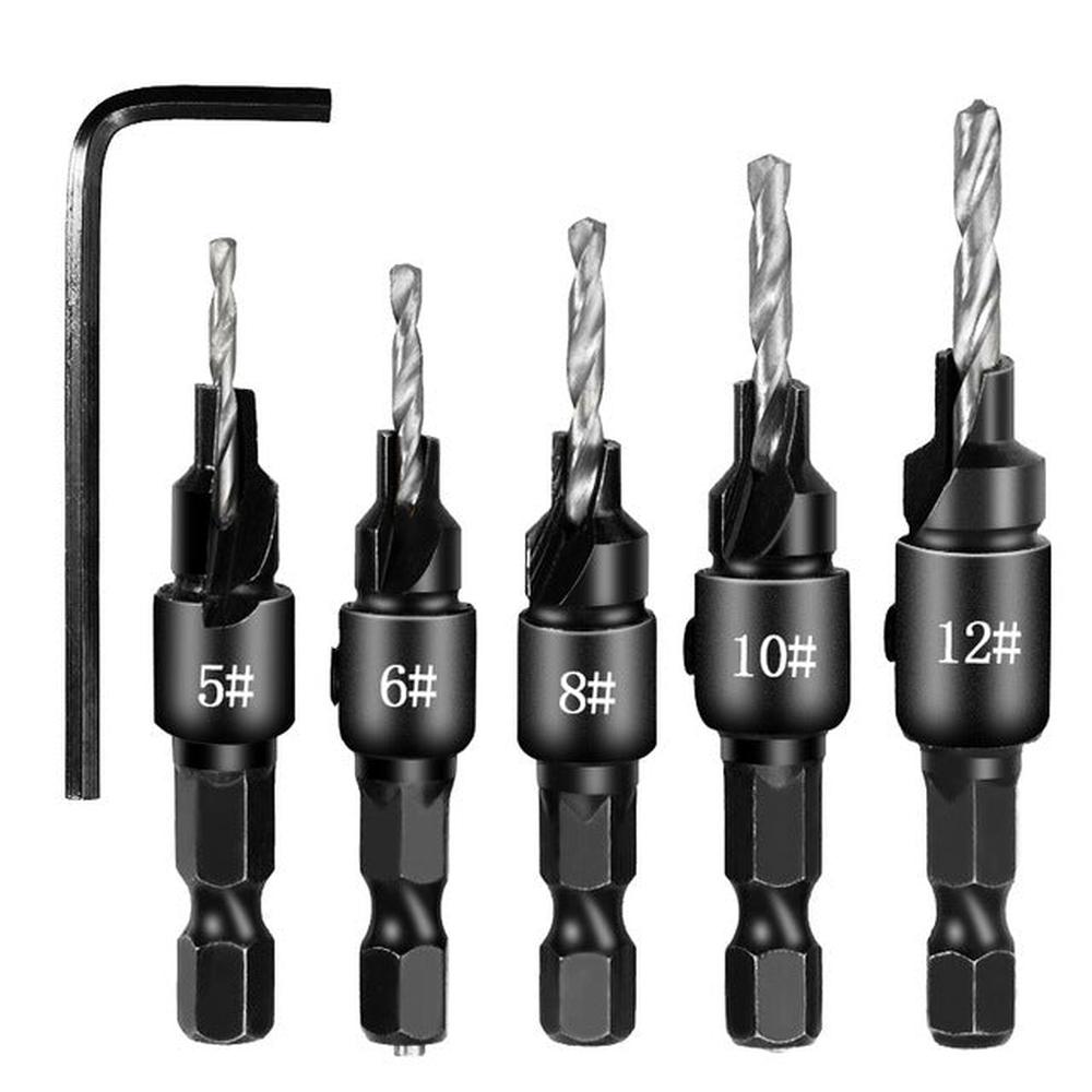 5 PCS/Set Countersink Woodworking Drill Bit Set Hexagon Screw Hardware Tool, Gold, Silver - laboratorydeal