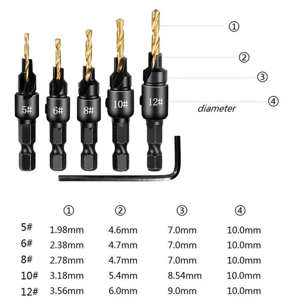 5 PCS/Set Countersink Woodworking Drill Bit Set Hexagon Screw Hardware Tool, Gold, Silver - laboratorydeal