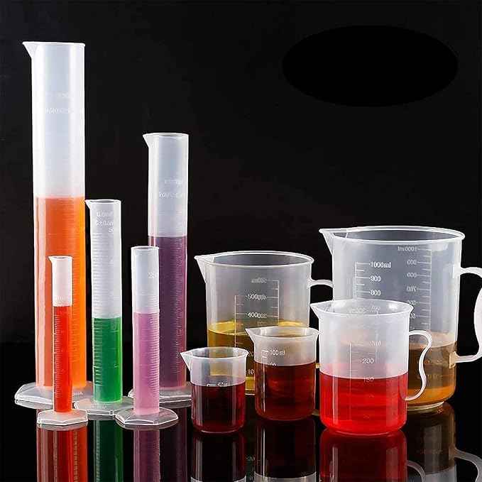 Plastic Graduated Cylinders & Beakers 5pcs 10ml 25ml 50ml 100ml 250ml & 5pcs Plastic Beakers 50ml 100ml 250ml 500ml1000ml Clear 10pcs