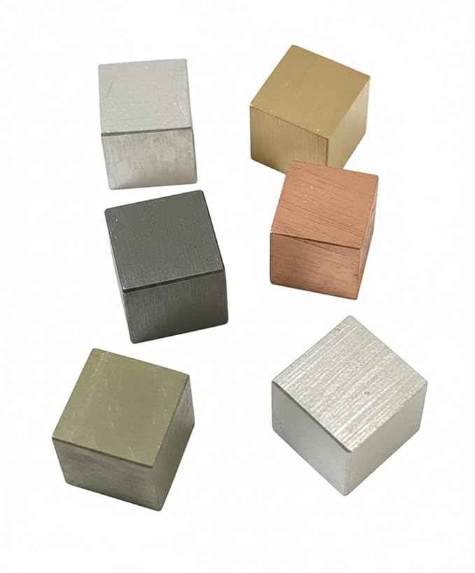 Density Cubes Set, 6 Metal Cubes for Density and Specific Gravity Activities, Brass Copper Aluminum Zinc Iron Lead, 10mm Sides
