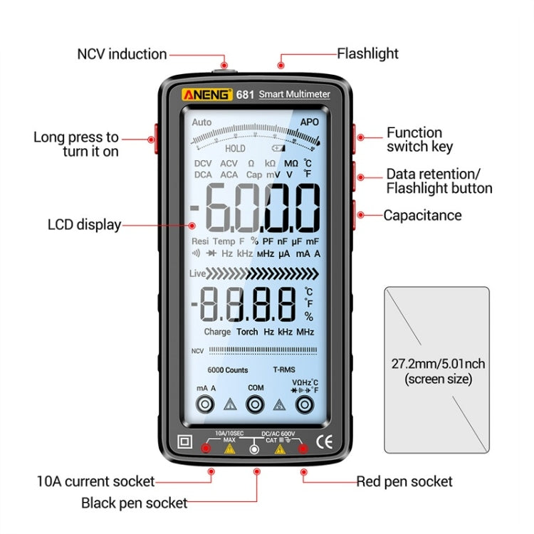 ANENG 681 LCD Digital Display Screen Smart Automatic Range Rechargeable Multimeter, 681 Red, 681 Black laboratorydeal