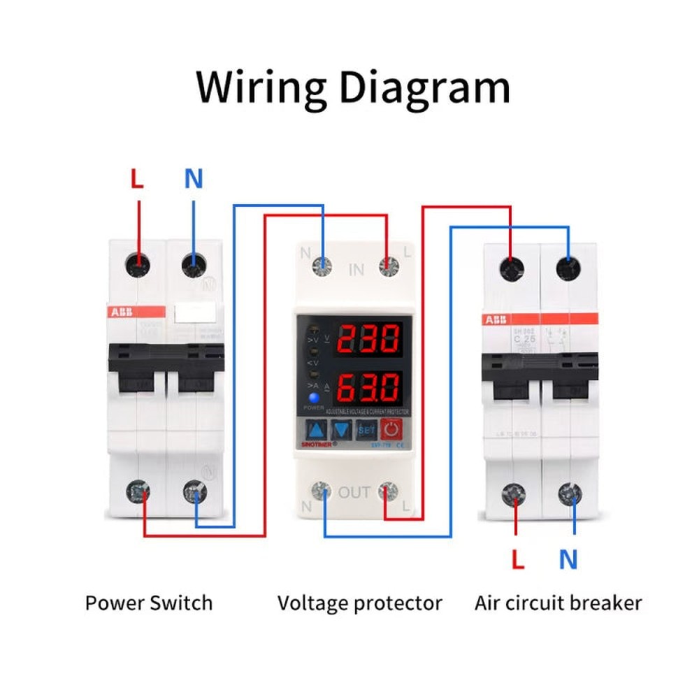 Adjustable Self-resetting Intelligent Over-voltage and Under-voltage Protector 220V AC, SINOTIMER SVP-718 40A, SINOTIMER SVP-718 63A