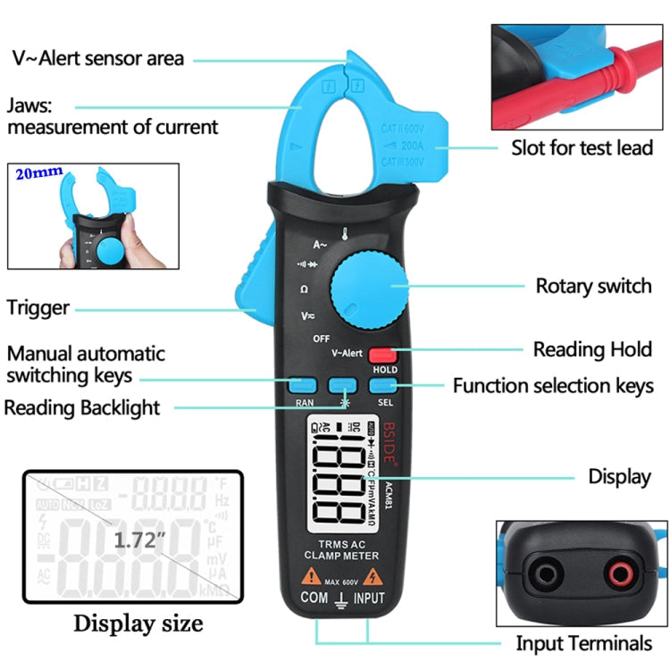 BSIDE ACM81 Digital Clamp Meter Auto-Rang 1mA Accuracy 200A Current DC AC Multimeter, ACM81 Black laboratorydeal