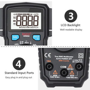BSIDE ADM66 Handheld Household 6000 Count AC / DC Current Voltage Capacitor Automatic Range Multimeter with LCD Backlight & Card Slot Function