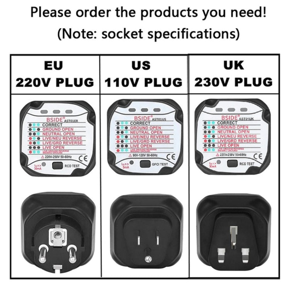 BSIDE AST01 Plug Power Tester Electrical Socket Detector, US Plug, EU Plug, UK Plug