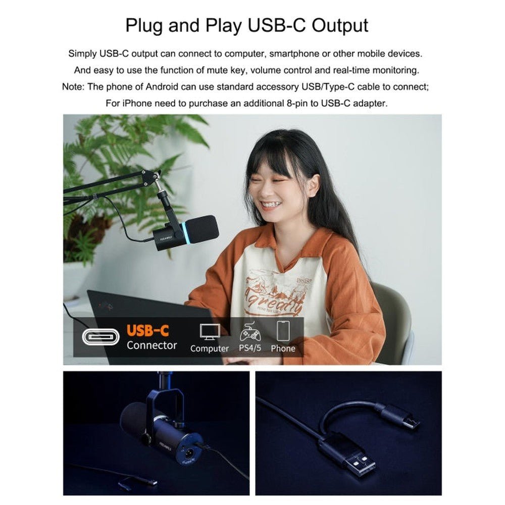FEELWORLD PM1 - AS XLR/USB Dynamic Microphone for Podcasting Recording Gaming Live Streaming with Boom Arm, PM1 - AS - laboratorydeal