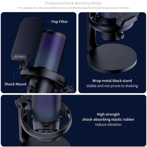 FEELWORLD VM1 USB Condenser Gaming Microphone for Streaming Noise Cancellation Mute RGB Light Desktop Stand, VM1 - XS - laboratorydeal