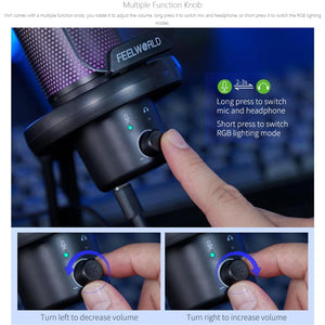 FEELWORLD VM1 USB Condenser Gaming Microphone for Streaming Noise Cancellation Mute RGB Light Desktop Stand, VM1 - XS - laboratorydeal