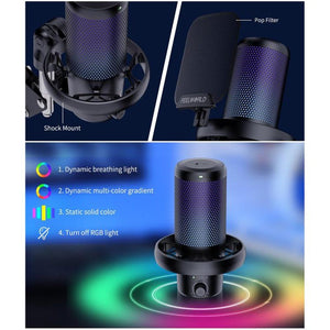 FEELWORLD VM1 USB Condenser Gaming Microphone for Streaming Noise Cancellation Mute RGB Light Boom Arm Stand, VM1 - AS - laboratorydeal