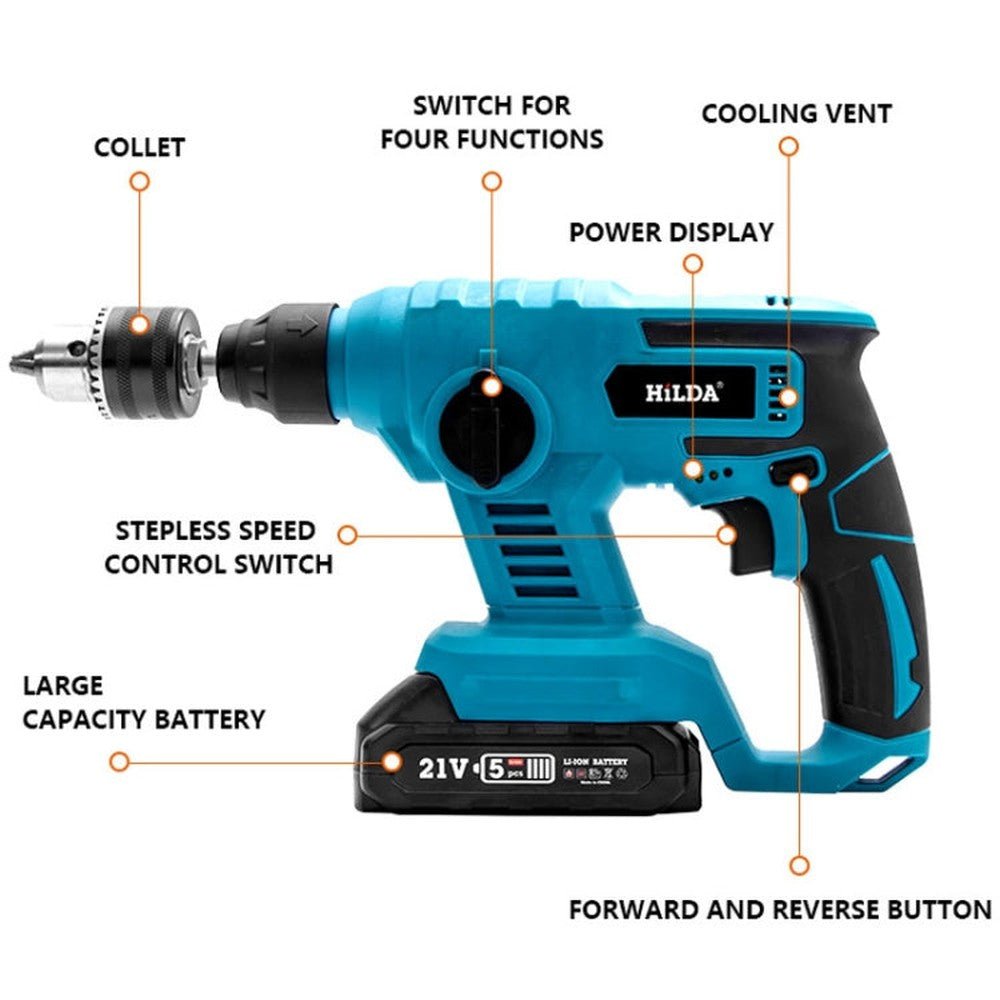HILDA 12pcs /Set Li - Ion Power Hammer Electrical Impact Drill, 1 Battery+1 Charger EU Plug, 2 Battery+1 Charger EU Plug, 1 Battery+1 Charger US Plug, 2 Battery+1 Charger US Plug - laboratorydeal