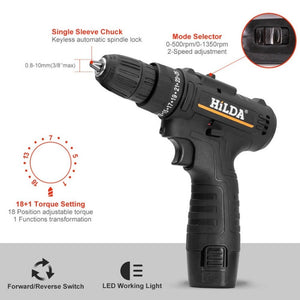 HILDA Home Power Drill 12V Li - Ion Drill With Charger And Battery, US Plug, Carton Packing, Plastic Packing, Cloth Packing - laboratorydeal