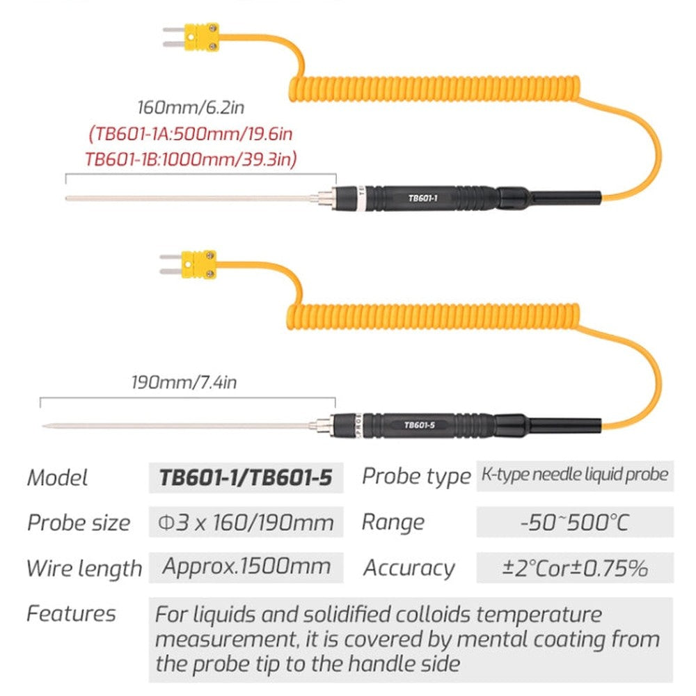 K-Type Probe Use With Thermometer, TASI TB601-1 Liquid Probe, TASI TB601-2 Surface Probe, TASI TB601-3 Surface Thermocouple, TASI TB601-4 Elbow Surface Thermocouple, TASI TB601-5 Pointed Needle Liquid Probe