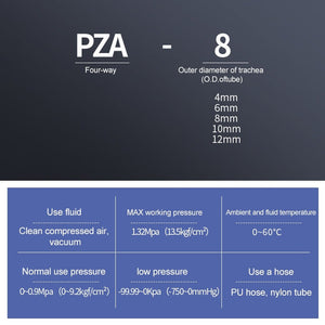 LAIZE 10pcs Plastic PZA Four-way Pneumatic Quick Fitting Connector, PZA-4, PZA-6, PZA-8, PZA-10, PZA-12