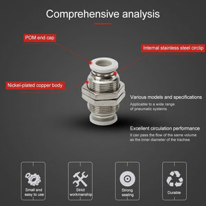 LAIZE PM Bulkhead Straight Pneumatic Quick Fitting Connector, PM-4, PM-6, PM-8, PM-10, PM-12