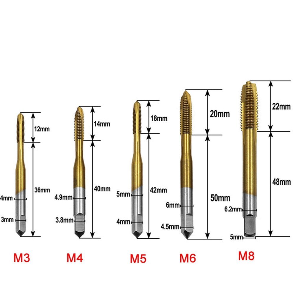 M3 - M8 Titanium Plated Straight Slot Tap HSS Tapping Inner Thread Set, 5 In 1 / Set Thread Set - laboratorydeal