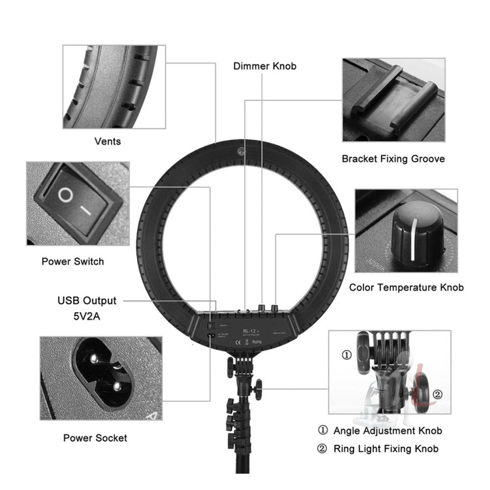 MANTOO RL - 12 II 100 - 240V 28W 12 inch Two - color Dimmable Ring Fill Light with Tripod, 12 inch - laboratorydeal