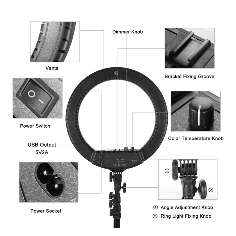 MANTOO RL - 18 II 100 - 240V 55W 18 inch Two - color Dimmable Ring Fill Light with Tripod, 18 inch - laboratorydeal