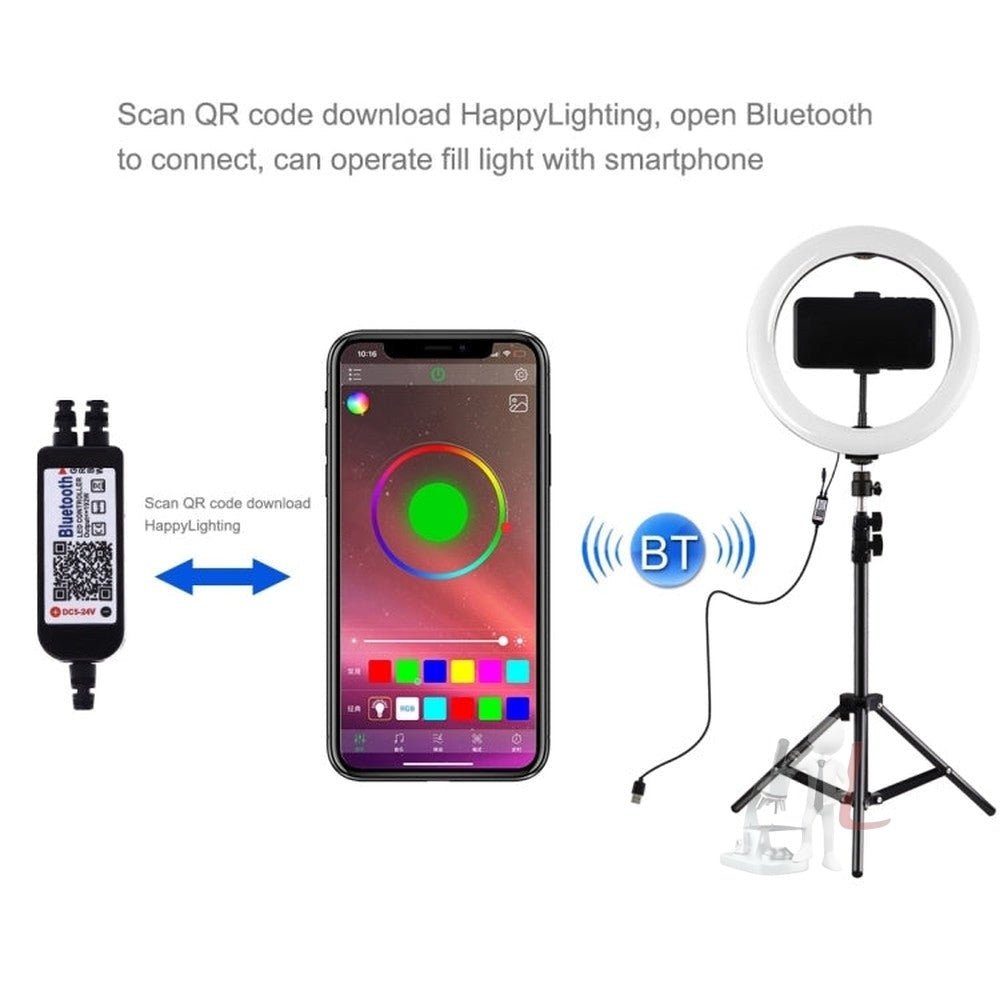 PULUZ 1.1m Tripod Mount + 10.2 inch 26cm Curved Surface RGBW LED Ring Vlogging Video Light Live Broadcast Kits with Remote Control & Phone Clamp - laboratorydeal
