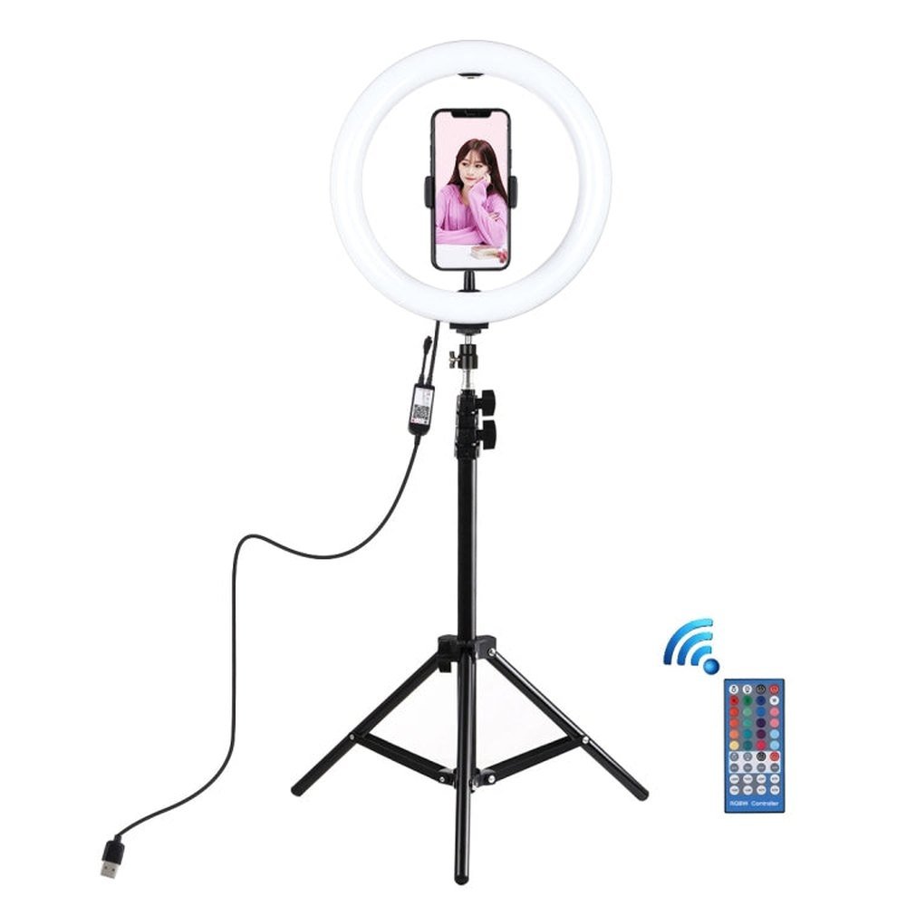 PULUZ 1.1m Tripod Mount + 10.2 inch 26cm RGBW LED Ring Vlogging Video Light Live Broadcast Kits with Remote Control & Cold Shoe Tripod Ball Head & Phone Clamp, 1.1m Tripod+RGBW with Remote - laboratorydeal