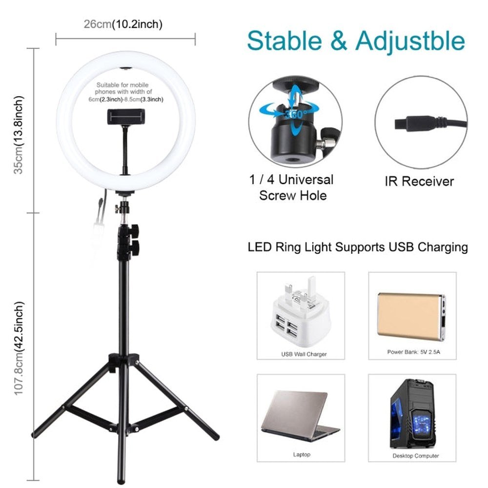 PULUZ 1.1m Tripod Mount + 10.2 inch 26cm RGBW LED Ring Vlogging Video Light Live Broadcast Kits with Remote Control & Cold Shoe Tripod Ball Head & Phone Clamp, 1.1m Tripod+RGBW with Remote - laboratorydeal