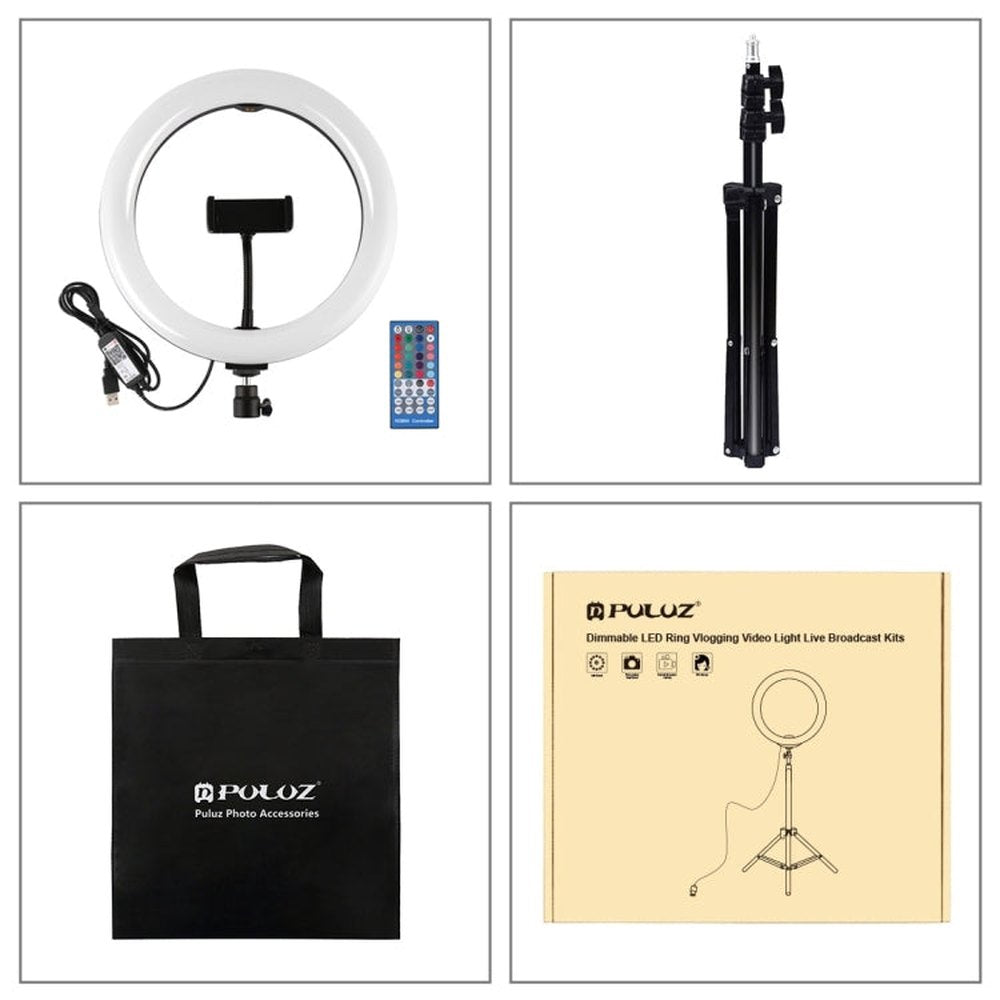 PULUZ 1.1m Tripod Mount + 10.2 inch 26cm RGBW LED Ring Vlogging Video Light Live Broadcast Kits with Remote Control & Cold Shoe Tripod Ball Head & Phone Clamp, 1.1m Tripod+RGBW with Remote - laboratorydeal