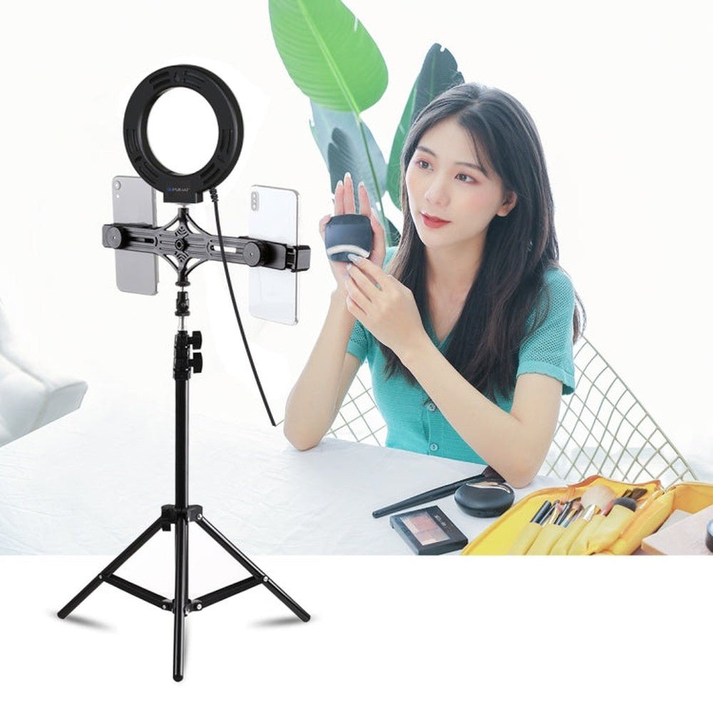 PULUZ 1.1m Tripod Mount + Live Broadcast Dual Phone Bracket + 6.2 inch 16cm LED Ring Vlogging Video Light Kits, 3 in 1 Live Broadcast Kits - laboratorydeal