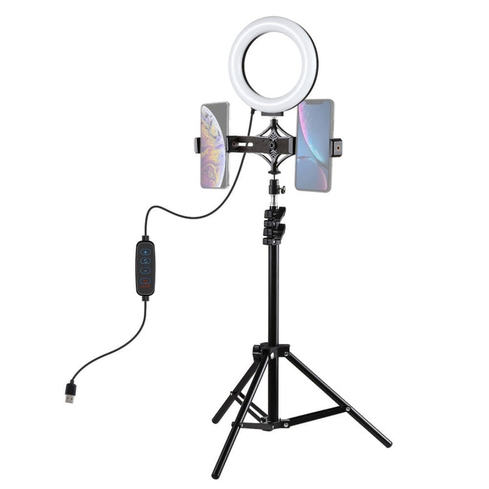 PULUZ 1.1m Tripod Mount + Live Broadcast Dual Phone Bracket + 6.2 inch 16cm LED Ring Vlogging Video Light Kits, 3 in 1 Live Broadcast Kits - laboratorydeal