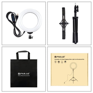 PULUZ 1.1m Tripod Mount + Live Broadcast Dual Phone Bracket + 6.2 inch 16cm LED Ring Vlogging Video Light Kits, 3 in 1 Live Broadcast Kits - laboratorydeal