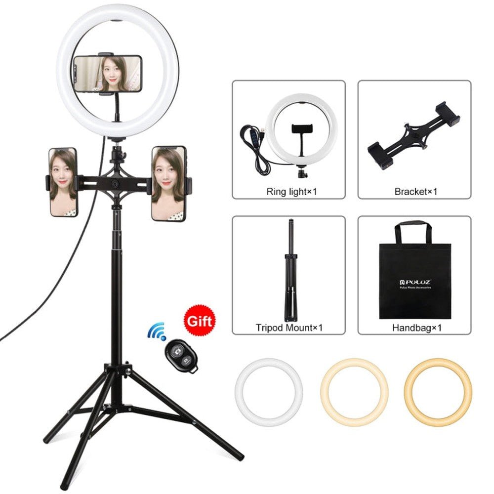 PULUZ 1.65m Tripod Mount + Dual Phone Brackets + 10.2 inch 26cm Curved Surface USB 3 Modes Dimmable Dual Color Temperature Ring Selfie Vlogging Video Light Live Broadcast Kits with Phone Clamp & Selfie Remote Control, 10.2 inch+1.65m Tripod+Dual Bracket - laboratorydeal
