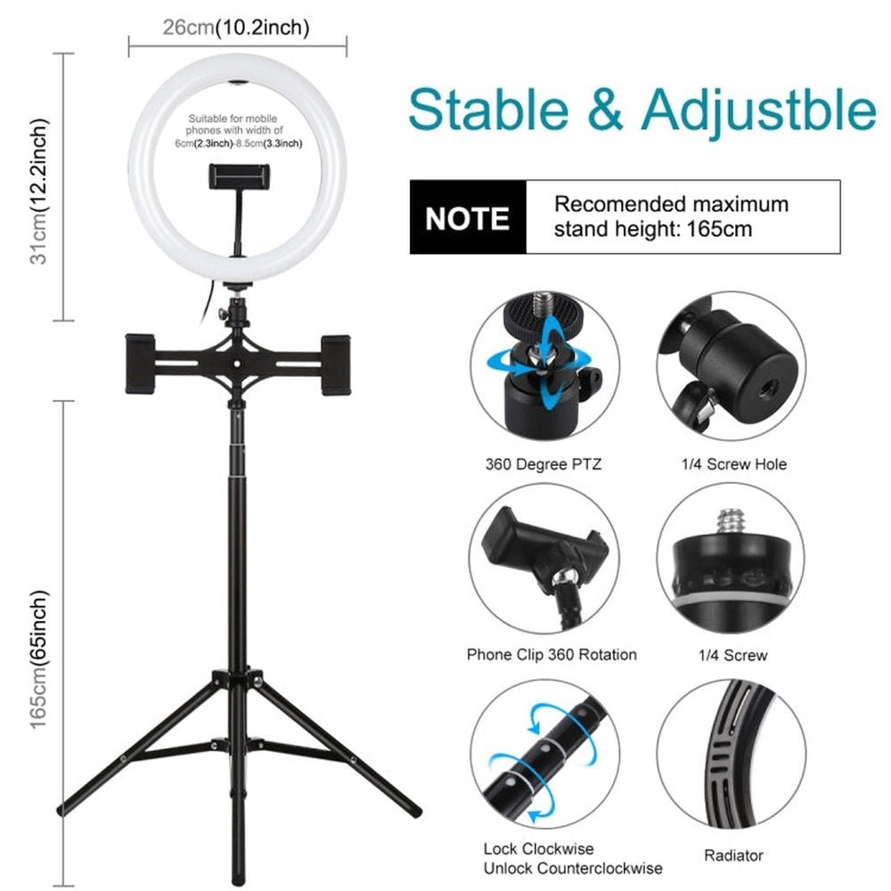 PULUZ 1.65m Tripod Mount + Dual Phone Brackets + 10.2 inch 26cm Curved Surface USB 3 Modes Dimmable Dual Color Temperature Ring Selfie Vlogging Video Light Live Broadcast Kits with Phone Clamp & Selfie Remote Control, 10.2 inch+1.65m Tripod+Dual Bracket - laboratorydeal