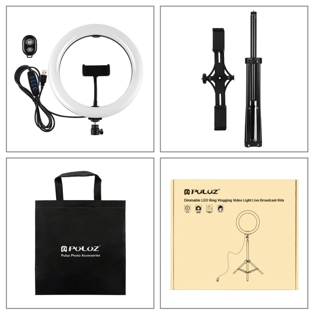 PULUZ 1.65m Tripod Mount + Dual Phone Brackets + 10.2 inch 26cm Curved Surface USB 3 Modes Dimmable Dual Color Temperature Ring Selfie Vlogging Video Light Live Broadcast Kits with Phone Clamp & Selfie Remote Control, 10.2 inch+1.65m Tripod+Dual Bracket - laboratorydeal