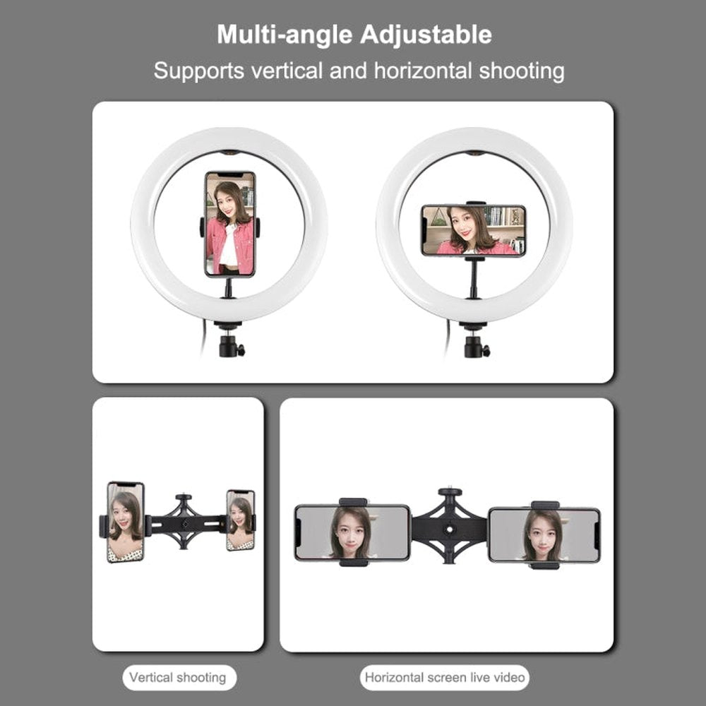 PULUZ 10.2 inch 26cm Curved Surface RGBW LED Ring Light + 1.1m Tripod Mount + Dual Phone Brackets Horizontal Holder + Vlogging Video Light Live Broadcast Kits with Remote Control & Phone Clamp - laboratorydeal