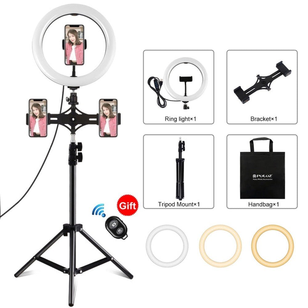 PULUZ 10.2 inch 26cm Light + 1.1m Tripod Mount + Dual Phone Brackets USB 3 Modes Dimmable Dual Color Temperature LED Curved Diffuse Light Ring Vlogging Selfie Photography Video Lights with Phone Clamp & Selfie Remote Control����������������������������... - laboratorydeal
