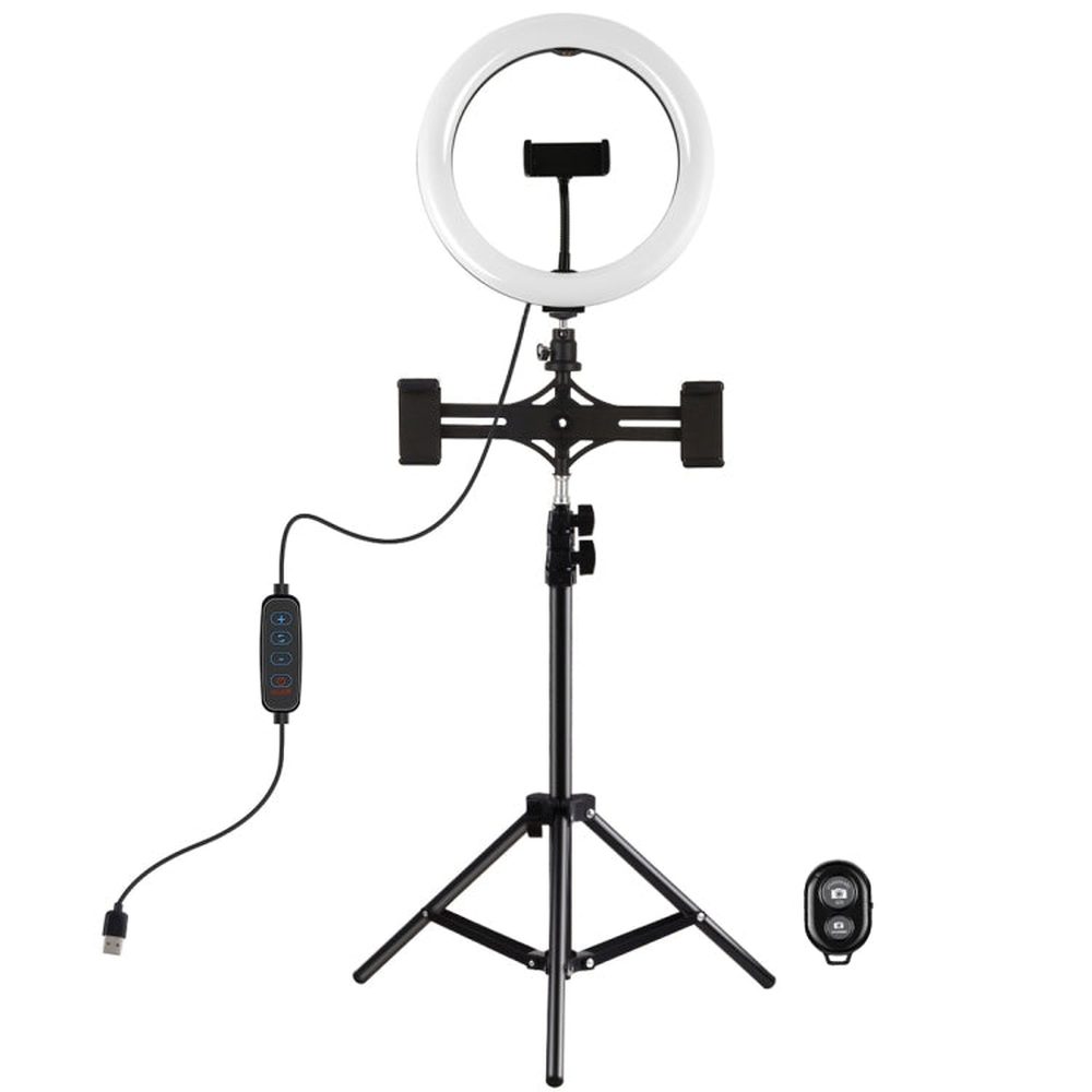 PULUZ 10.2 inch 26cm Light + 1.1m Tripod Mount + Dual Phone Brackets USB 3 Modes Dimmable Dual Color Temperature LED Curved Diffuse Light Ring Vlogging Selfie Photography Video Lights with Phone Clamp & Selfie Remote Control����������������������������... - laboratorydeal