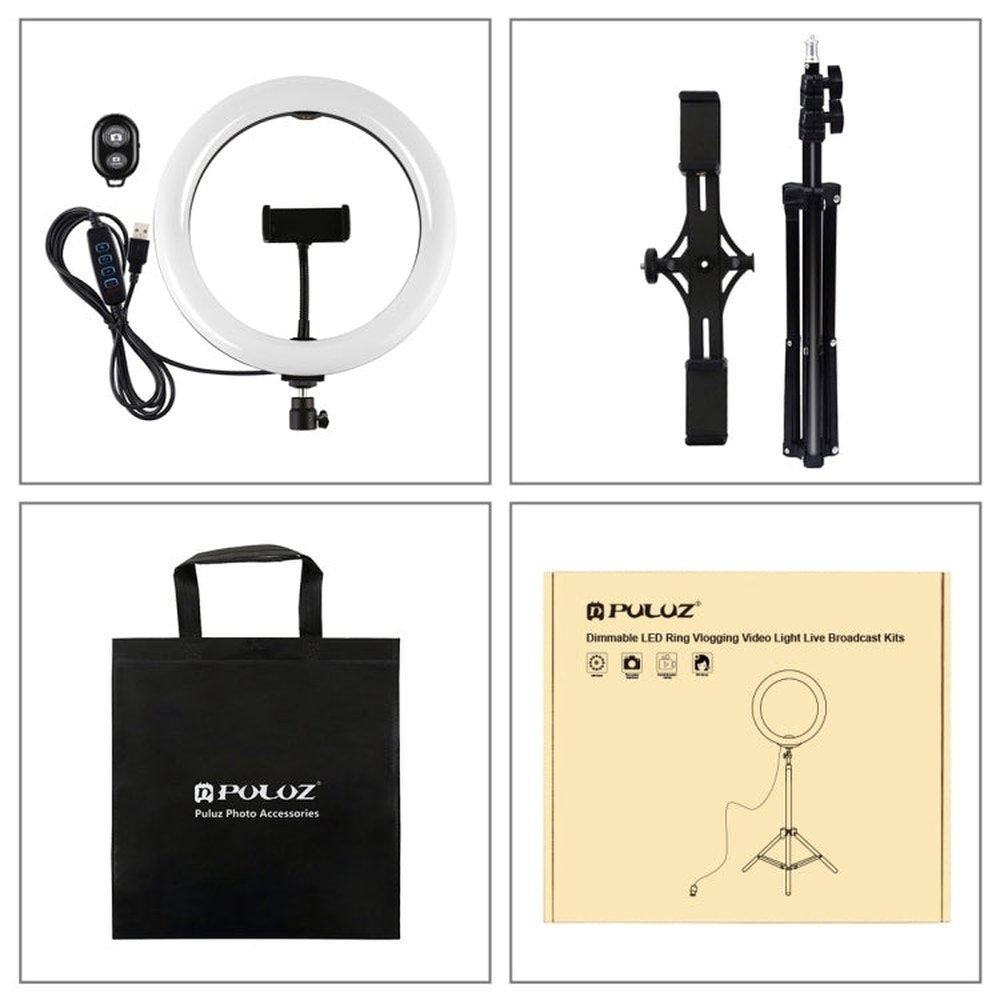 PULUZ 10.2 inch 26cm Light + 1.1m Tripod Mount + Dual Phone Brackets USB 3 Modes Dimmable Dual Color Temperature LED Curved Diffuse Light Ring Vlogging Selfie Photography Video Lights with Phone Clamp & Selfie Remote Control����������������������������... - laboratorydeal