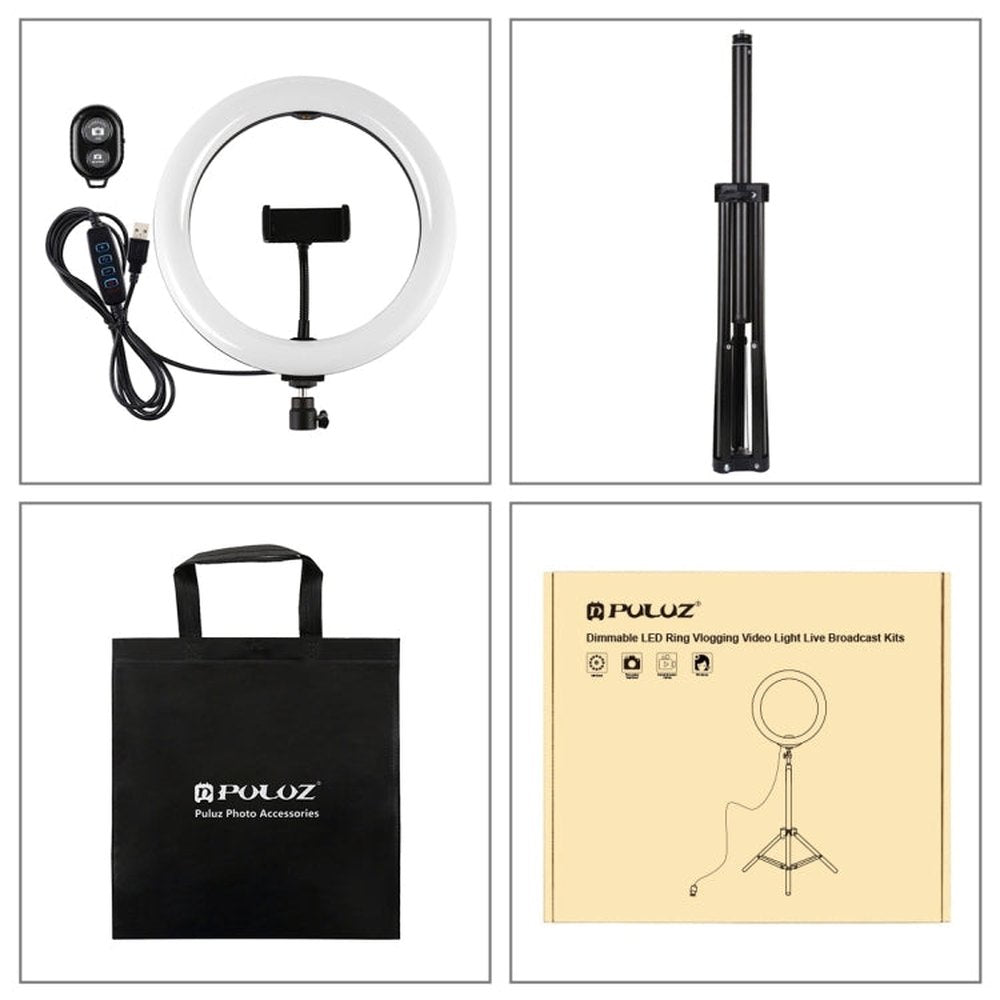 PULUZ 10.2 inch 26cm Light + 1.65m Tripod Mount Curved Surface USB 3 Modes Dimmable Dual Color Temperature Ring Vlogging Video Light Live Broadcast Kits with Phone Clamp & Selfie Remote Control, 10.2 inch+1.65m Tripod - laboratorydeal