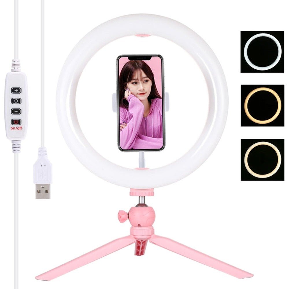PULUZ 10.2 inch 26cm Light + Desktop Tripod Mount USB 3 Modes Dimmable Dual Color Temperature LED Curved Diffuse Light Ring Vlogging Selfie Photography Video Lights with Phone Clamp, 10.2 inch + Desktop Tripod, 10.2 inch Curved+Tripod - laboratorydeal