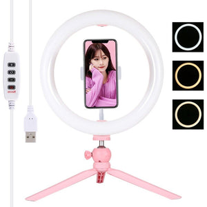 PULUZ 10.2 inch 26cm Light + Desktop Tripod Mount USB 3 Modes Dimmable Dual Color Temperature LED Curved Diffuse Light Ring Vlogging Selfie Photography Video Lights with Phone Clamp, 10.2 inch + Desktop Tripod, 10.2 inch Curved+Tripod - laboratorydeal