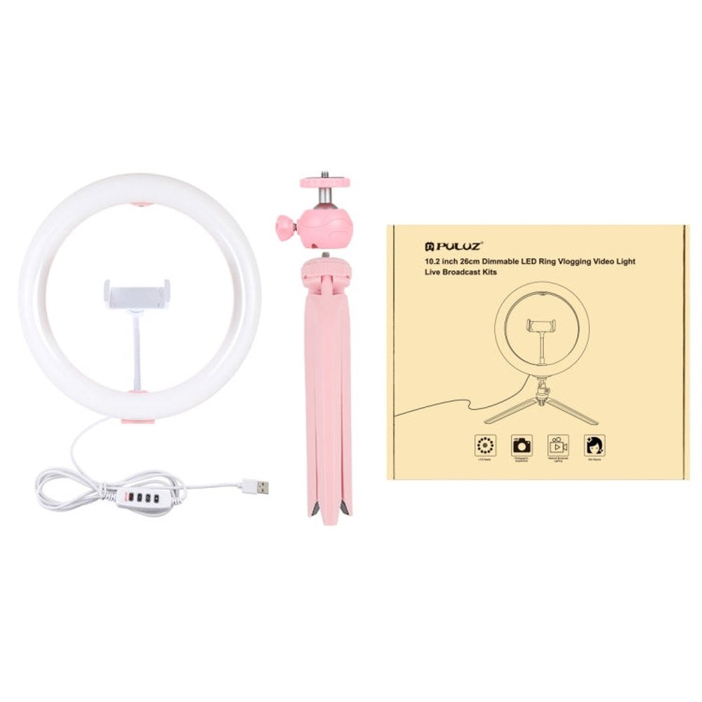 PULUZ 10.2 inch 26cm Light + Desktop Tripod Mount USB 3 Modes Dimmable Dual Color Temperature LED Curved Diffuse Light Ring Vlogging Selfie Photography Video Lights with Phone Clamp, 10.2 inch + Desktop Tripod, 10.2 inch Curved+Tripod - laboratorydeal