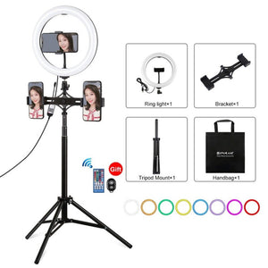 PULUZ 10.2 inch 26cm RGBW Light + 1.65m Tripod Mount + Dual Phone Bracket Curved Surface USB RGBW Dimmable LED Ring Selfie Beauty Vlogging Video Light Live Broadcast Kits with Cold Shoe Tripod Ball Head & Phone Clamp & Remote Control�������������������... - laboratorydeal