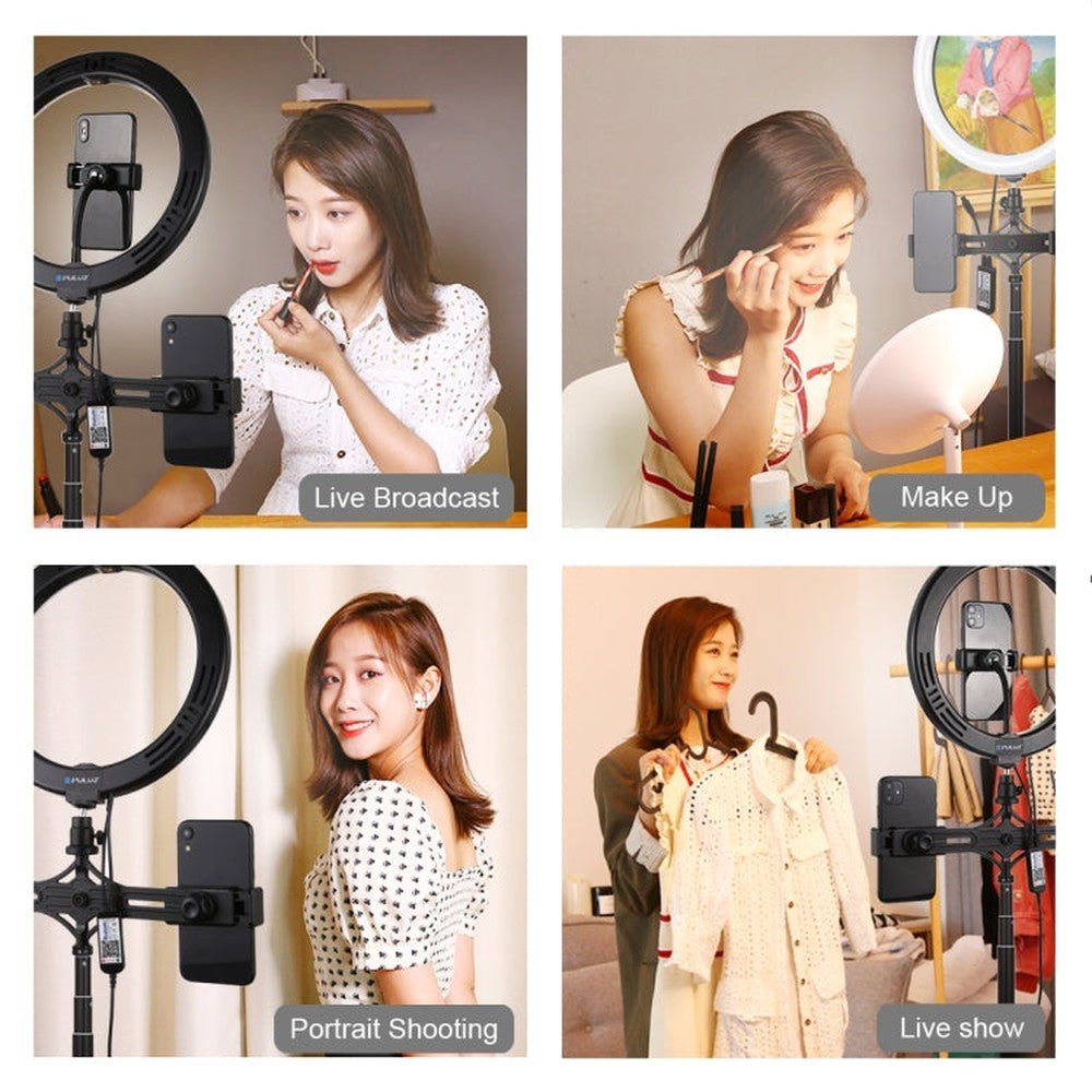 PULUZ 10.2 inch 26cm RGBW Light + 1.65m Tripod Mount + Dual Phone Bracket Curved Surface USB RGBW Dimmable LED Ring Selfie Beauty Vlogging Video Light Live Broadcast Kits with Cold Shoe Tripod Ball Head & Phone Clamp & Remote Control�������������������... - laboratorydeal
